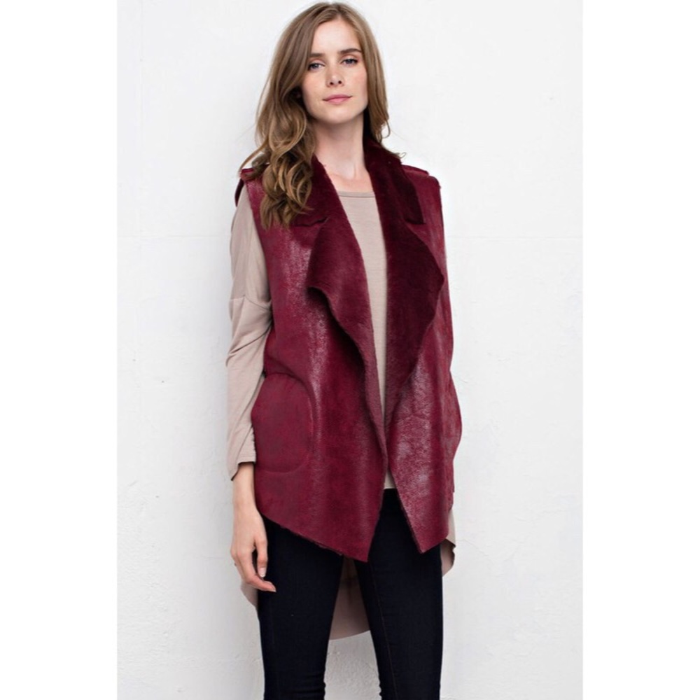 Oxblood Color Vegan Leather Suede Shearling Vest